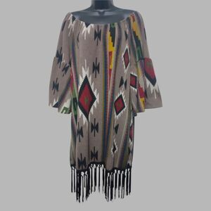 Southwestern Knit Shift Dress M Mini Bell Sleeves Western Aztec Coastal Cowboy